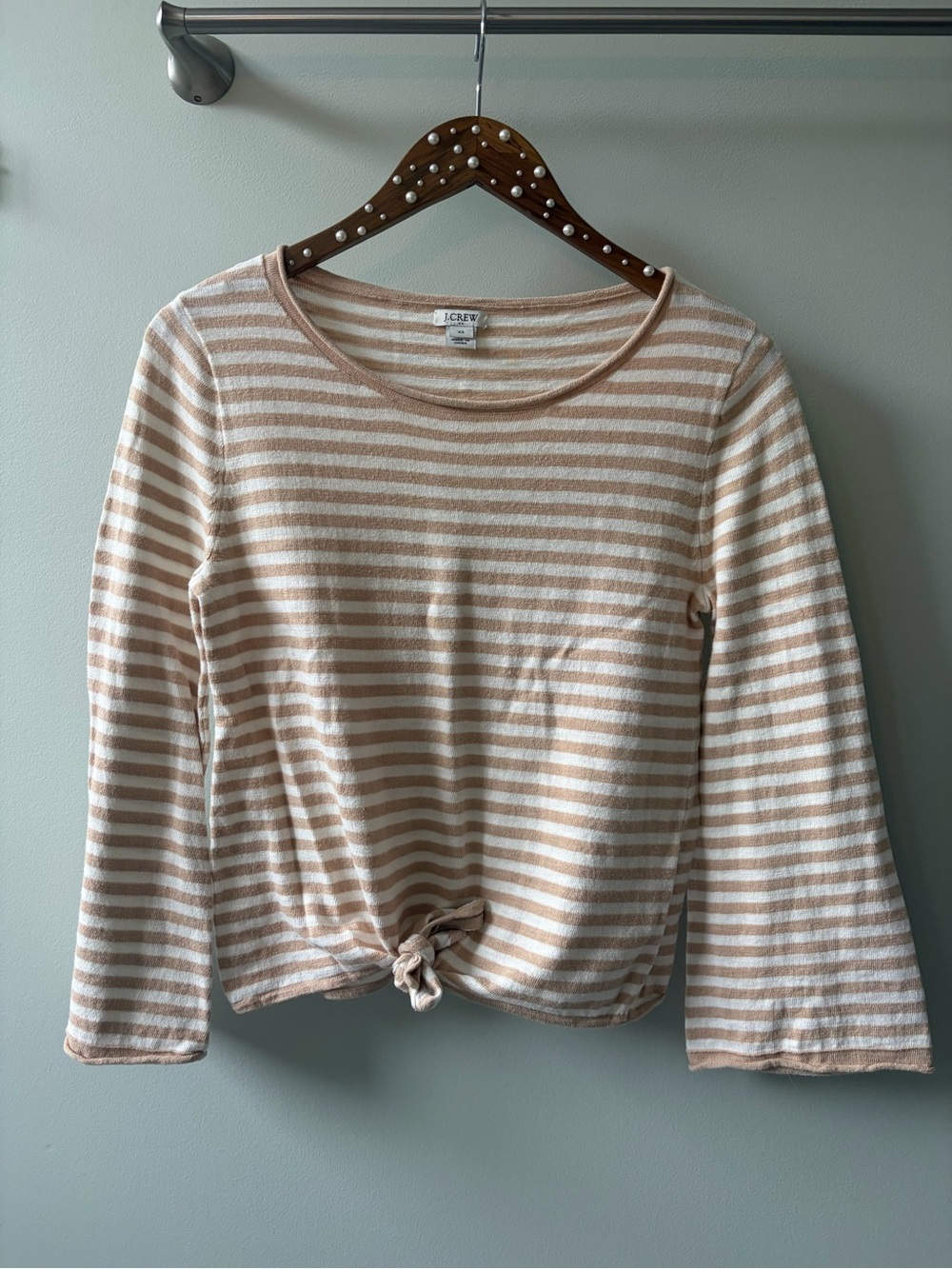 J. Crew Beige and White Striped Long-Sleeve Knot Front Tee
